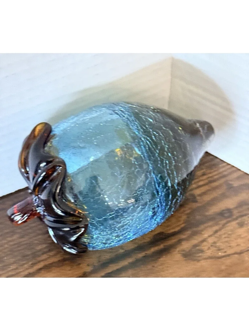Pier 1 Art Glass Acorn Paperweight Amber Yellow Brown Hand Blown Crackle